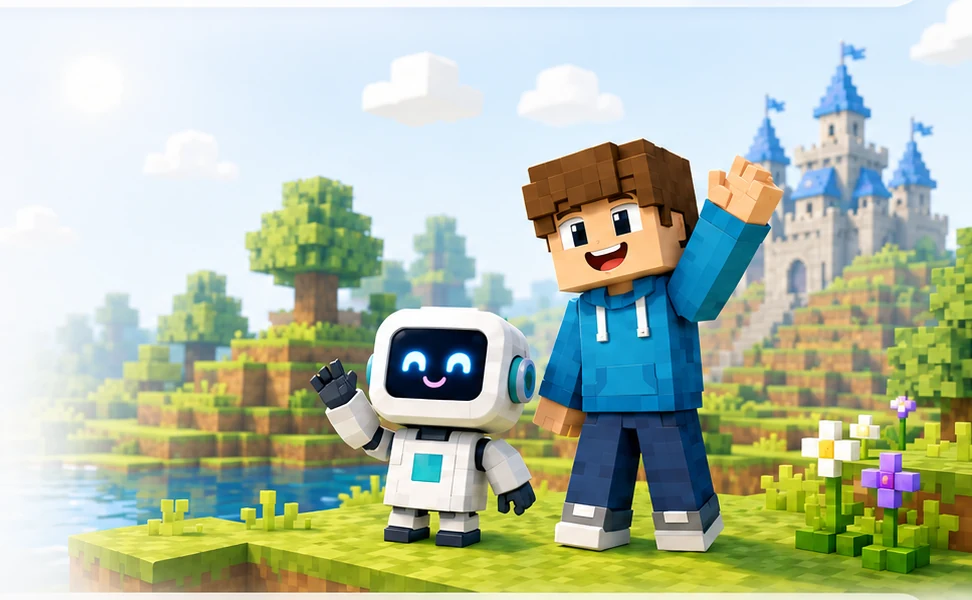 An AI teammate and a Minecraft-style player looking across a block world